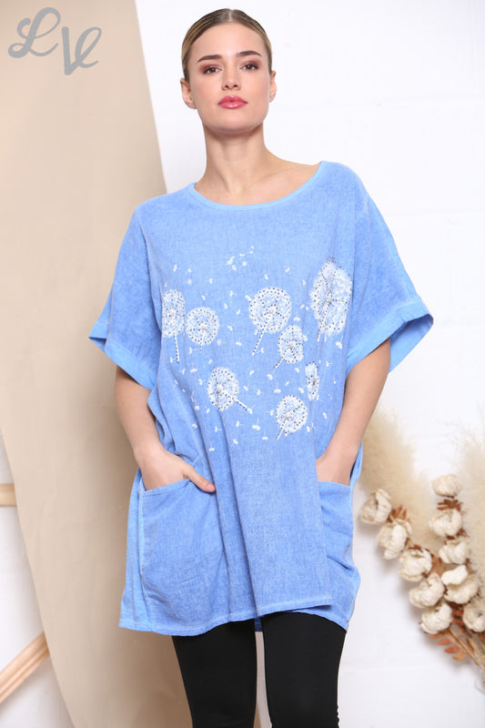 Dames Top met Paardenbloemprint en Zakken Blauw -