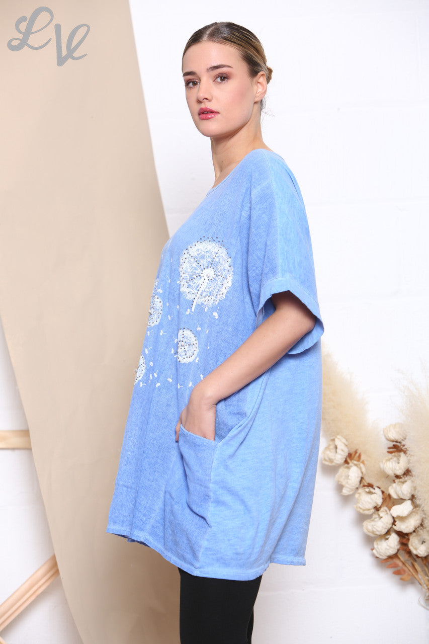 Dames Top met Paardenbloemprint en Zakken Blauw -