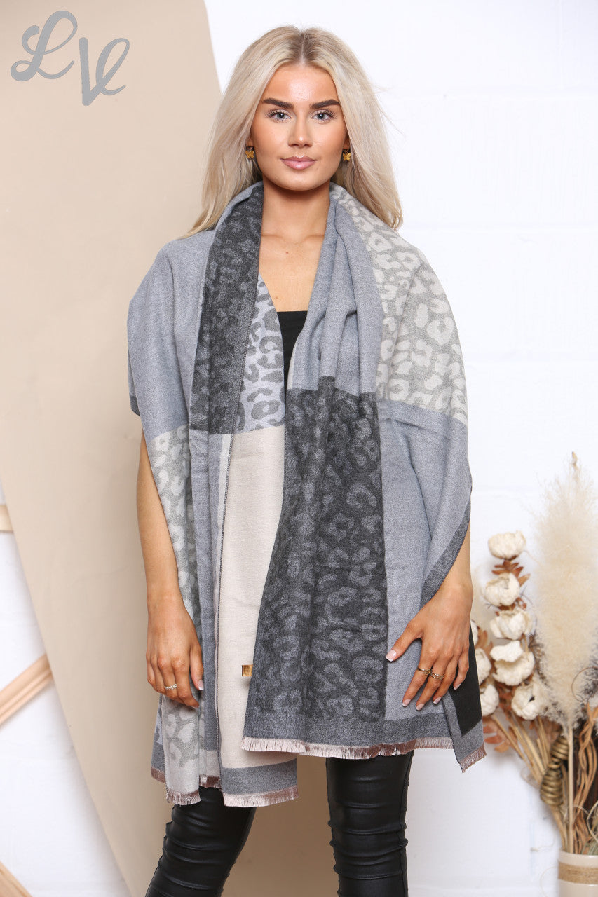 Ladies Block Leopard Print Scarf Grey Unit Price WAS £8.99 NOW £4.99