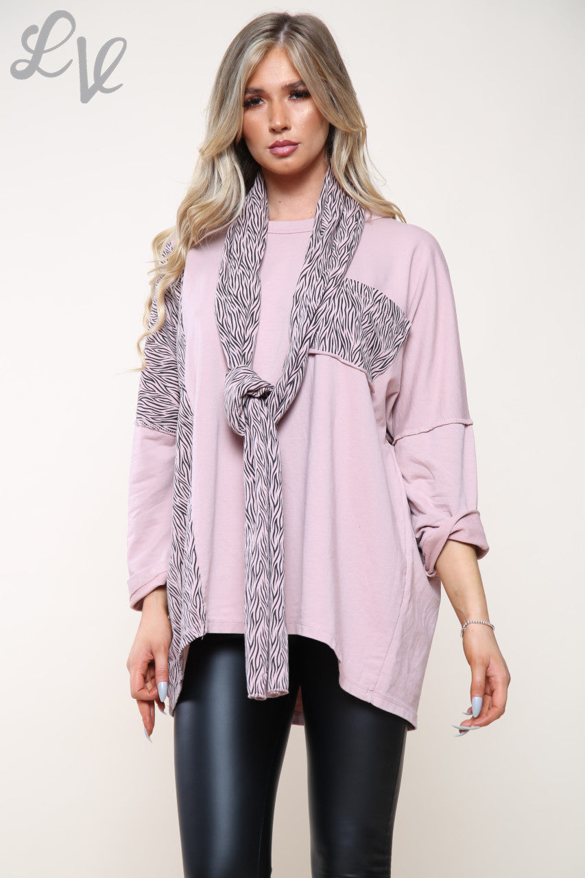 Ladies Zebra Print Patchwork Top With Matching Scarf Dusty Pink Unit Price £14.99
