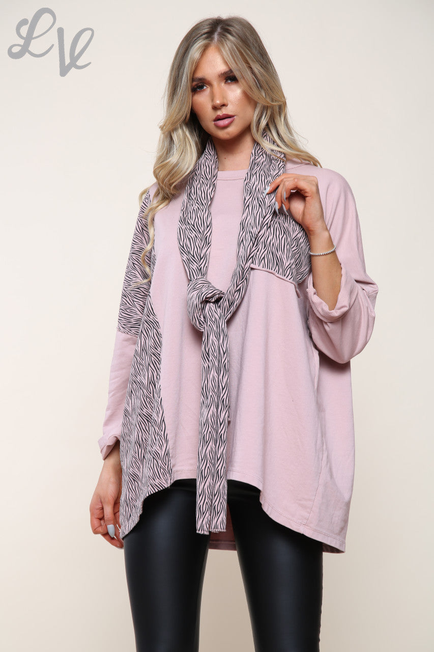 Ladies Zebra Print Patchwork Top With Matching Scarf Dusty Pink Unit Price £14.99