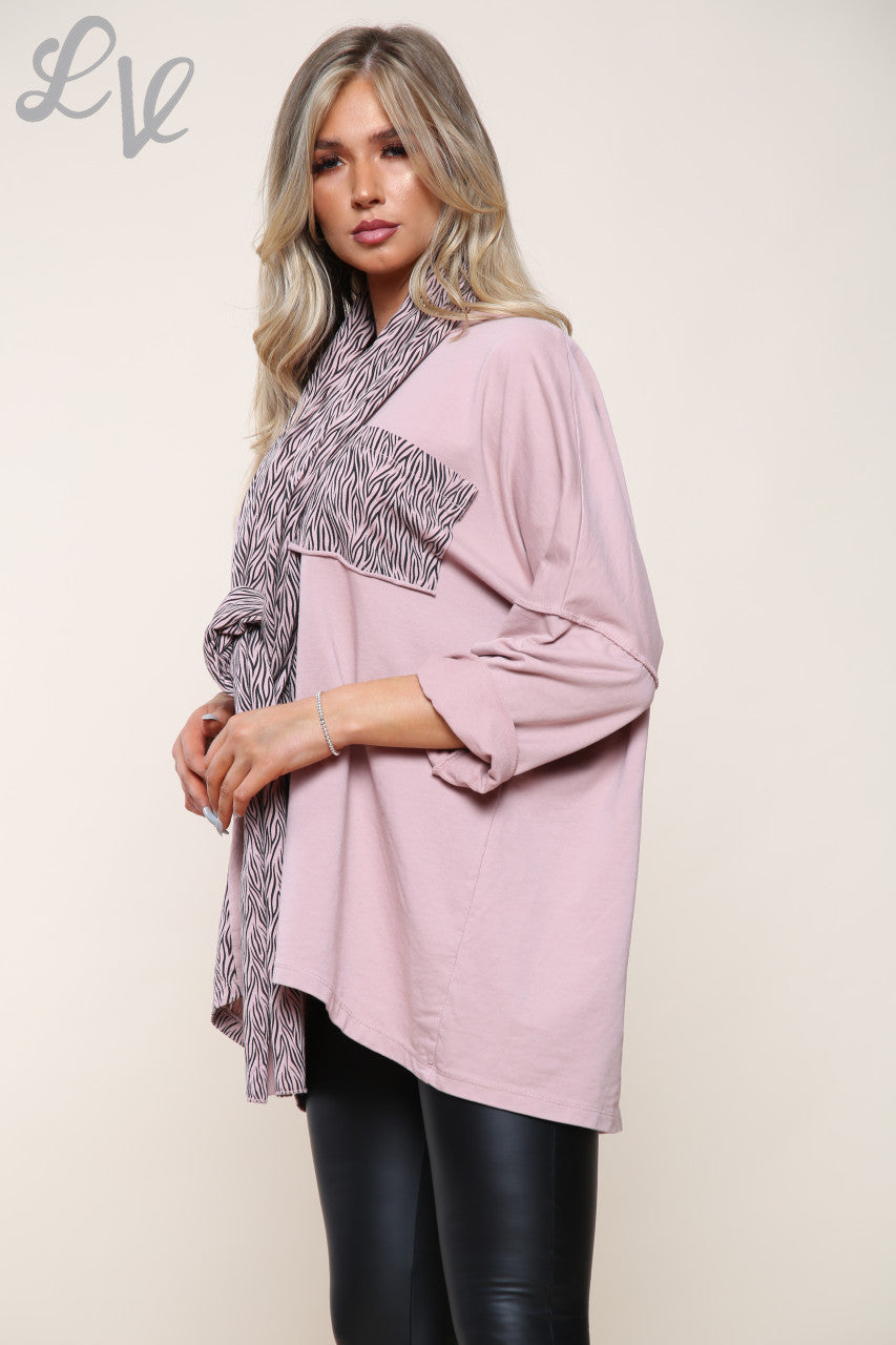 Ladies Zebra Print Patchwork Top With Matching Scarf Dusty Pink Unit Price £14.99