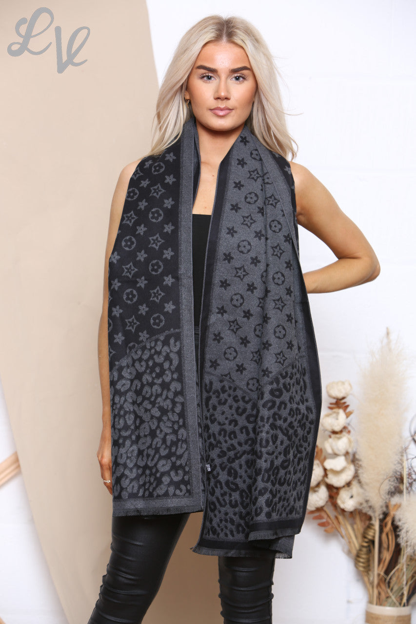 Ladies Mix Leopard & Stars Print Scarf Grey/Black Unit Price WAS £8.99 NOW £4.99