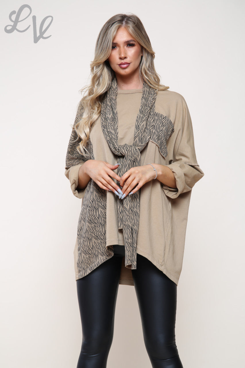 Ladies Zebra Print Patchwork Top With Matching Scarf Tan Unit Price £14.99