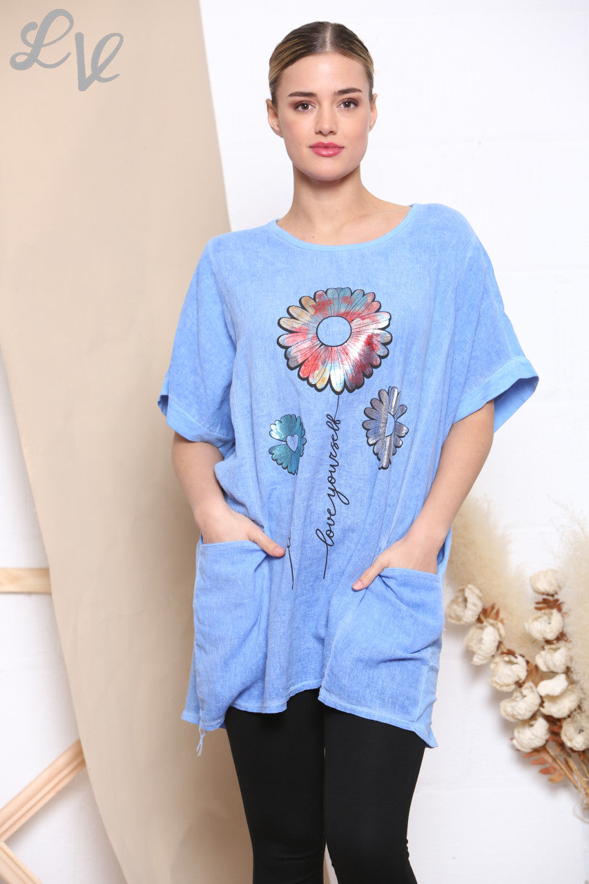 Dames Folie Bloemenprint Top met Zakken Blauw -