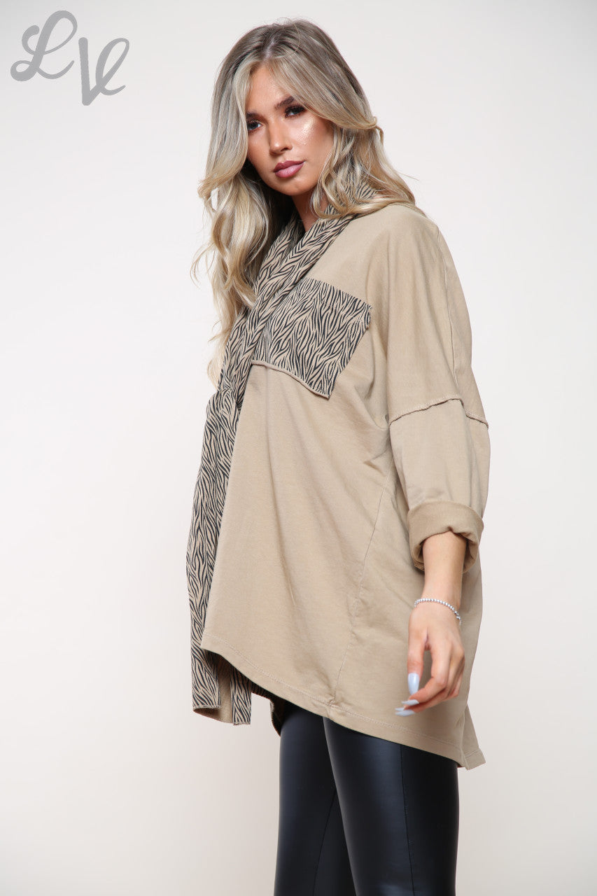 Ladies Zebra Print Patchwork Top With Matching Scarf Tan Unit Price £14.99
