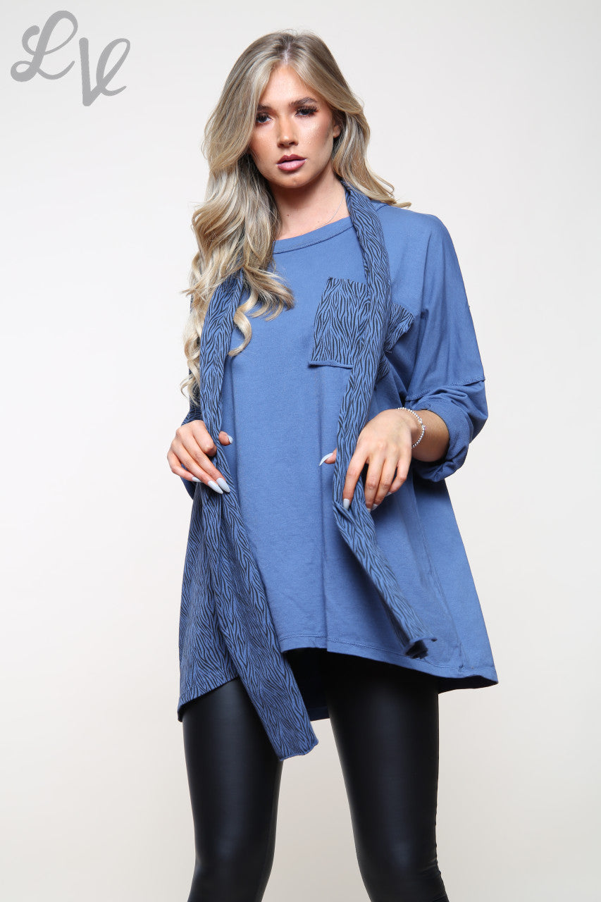 Ladies Zebra Print Patchwork Top With Matching Scarf Denim Unit Price £14.99
