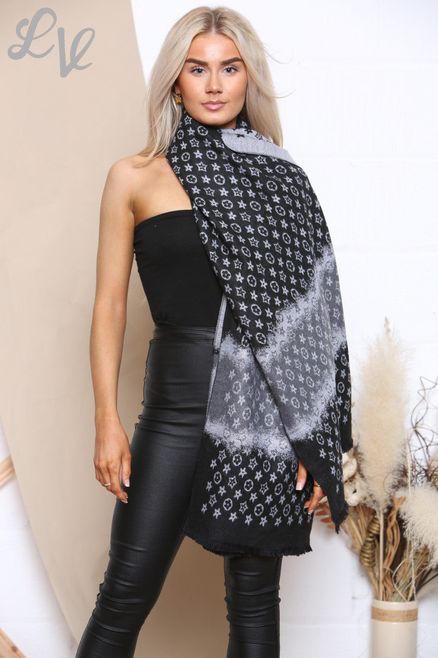 Ladies Star Flowers Print Scarf Black/Grey Unit Price WAS £8.99 NOW £4.99