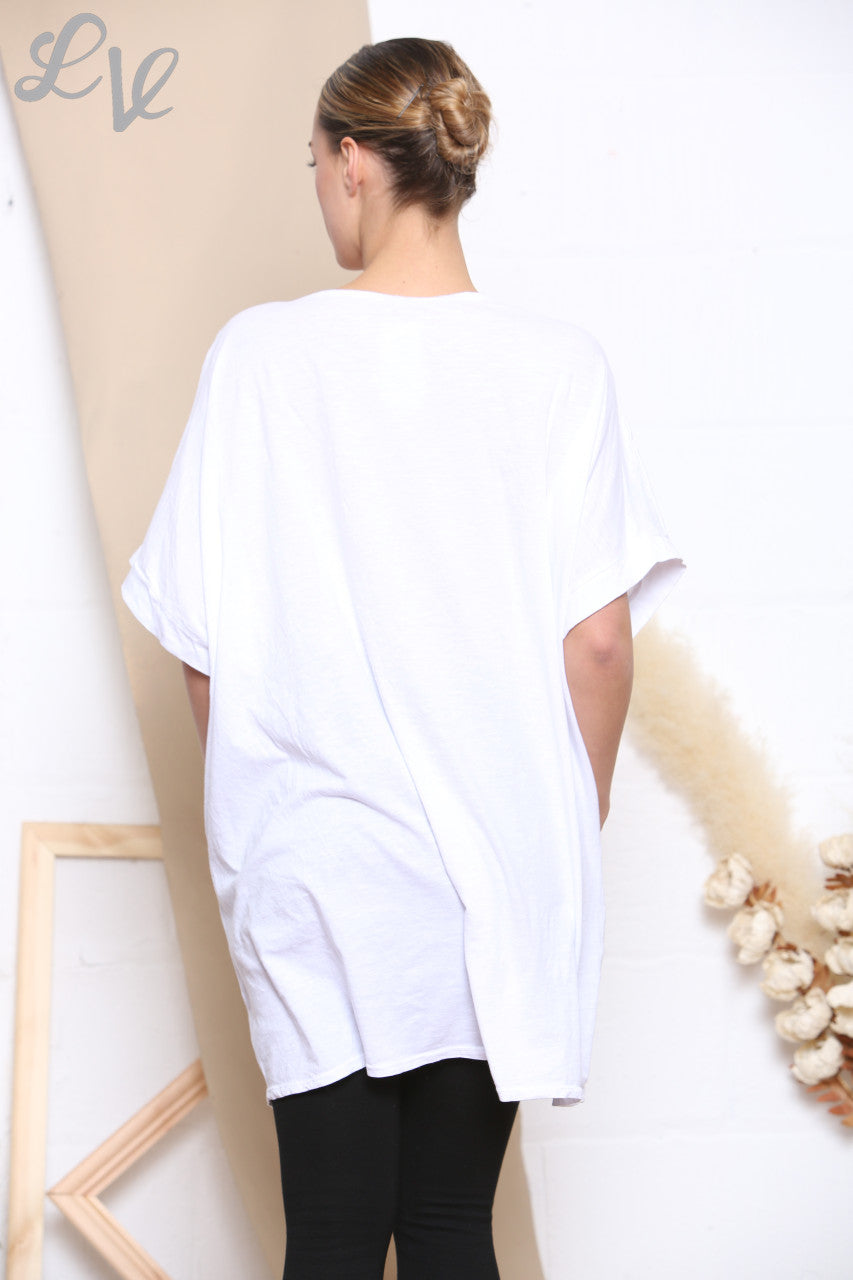 Ladies Foil Flower Print Pocket Front Top White