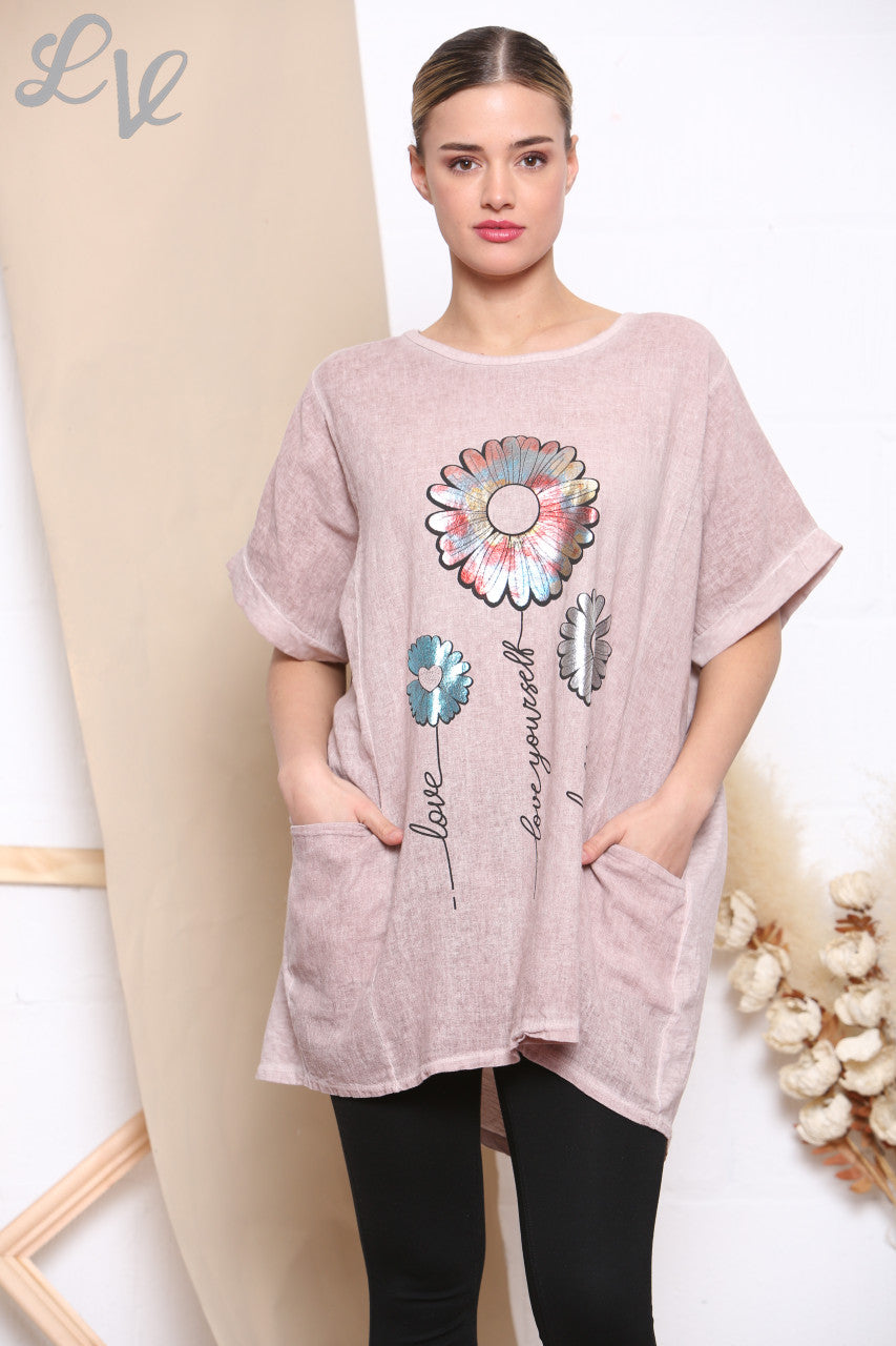 Damesfolie Bloemenprint Top Met Zakken Dusty Pink -