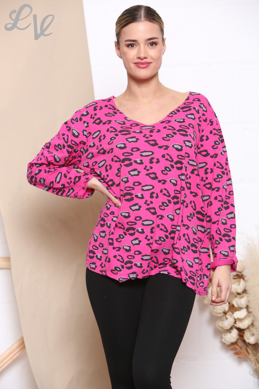 Ladies Animal Print Long Sleeve Top Cerise -