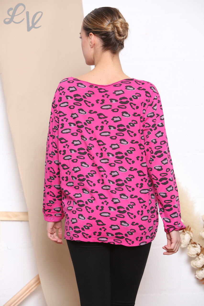 Ladies Animal Print Long Sleeve Top Cerise -