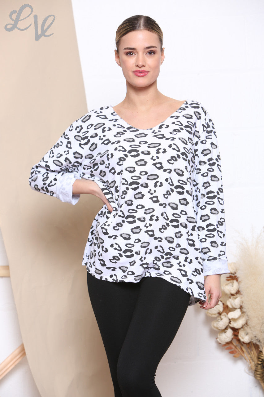 Dames Animal Print Top Lange Mouwen Wit -