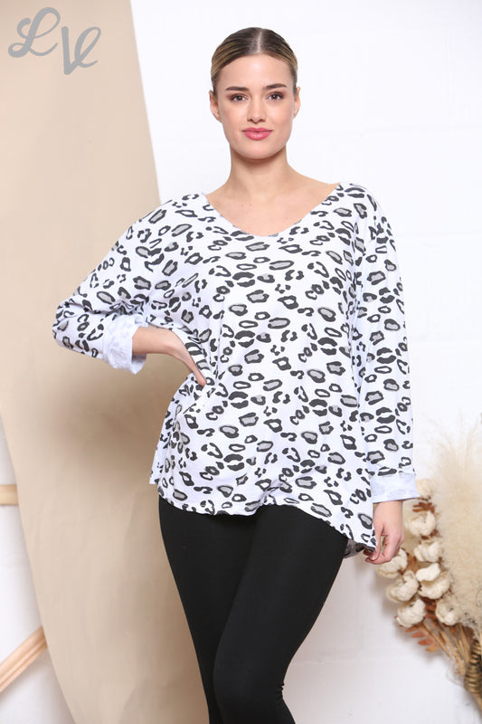Ladies Animal Print Long Sleeve Top White -