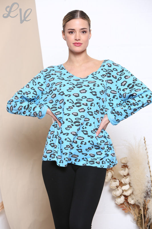 Ladies Animal Print Long Sleeve Top Turquoise -
