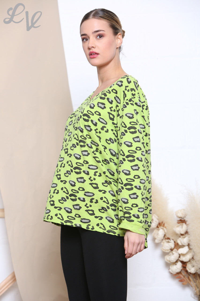 Dames longsleeve met dierenprint limoen -