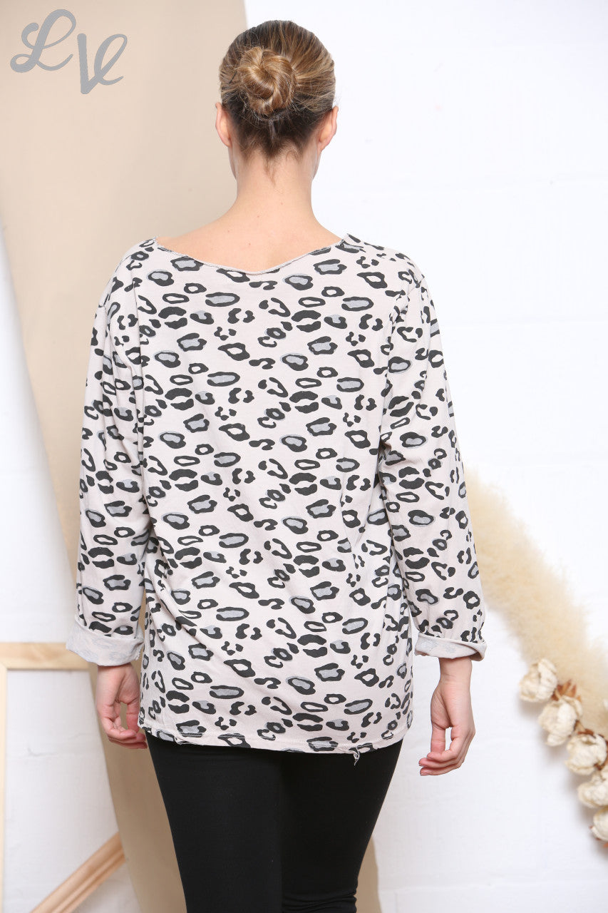 Ladies Animal Print Long Sleeve Top Stone -