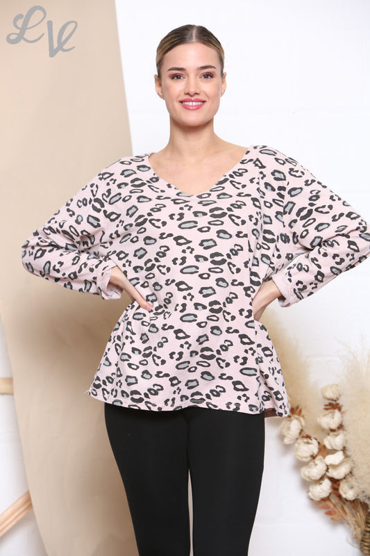 Ladies Animal Print Long Sleeve Top Dusty Pink -