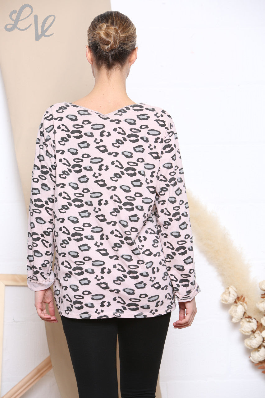 Ladies Animal Print Long Sleeve Top Dusty Pink -