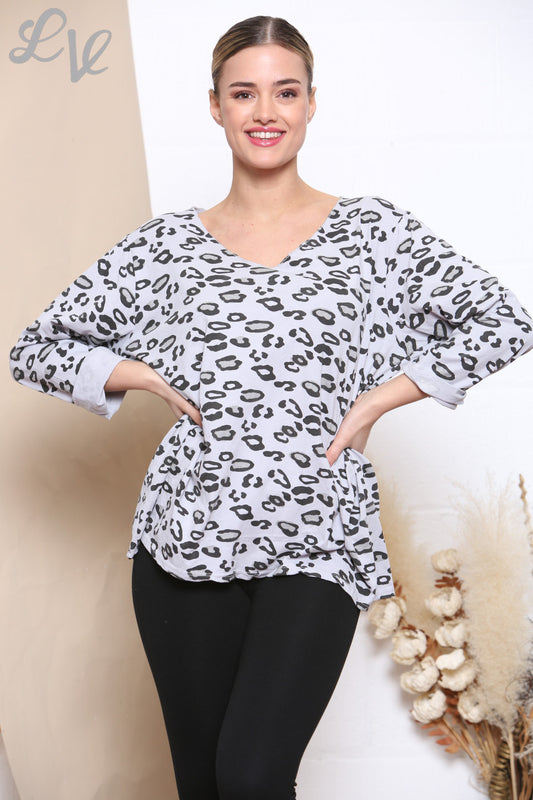 Ladies Animal Print Long Sleeve Top Silver -