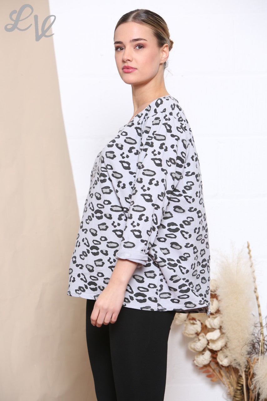 Ladies Animal Print Long Sleeve Top Silver -