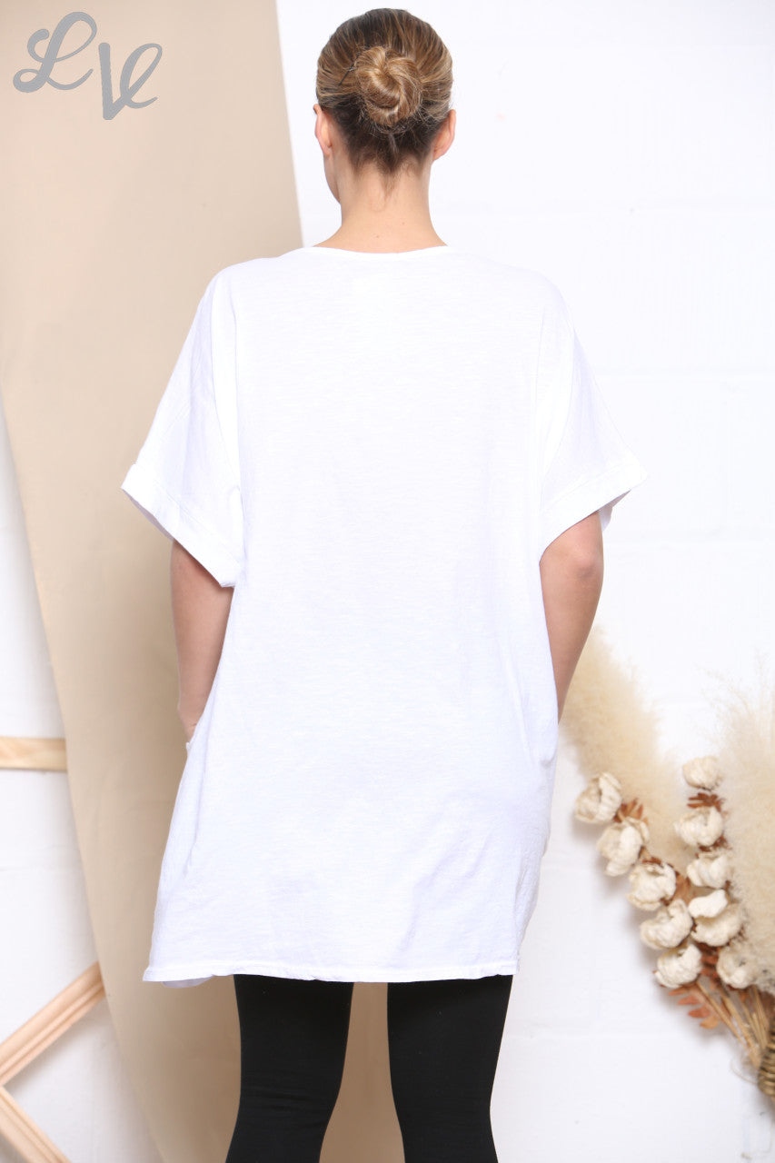 Ladies Dandelion Print Pocket Front Top White -