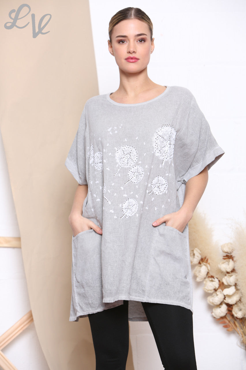 Ladies Dandelion Print Pocket Front Top Silver -
