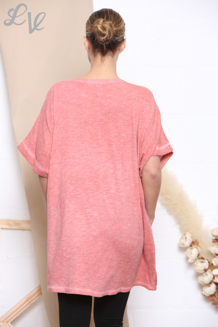 Ladies Dandelion Print Pocket Front Top Coral