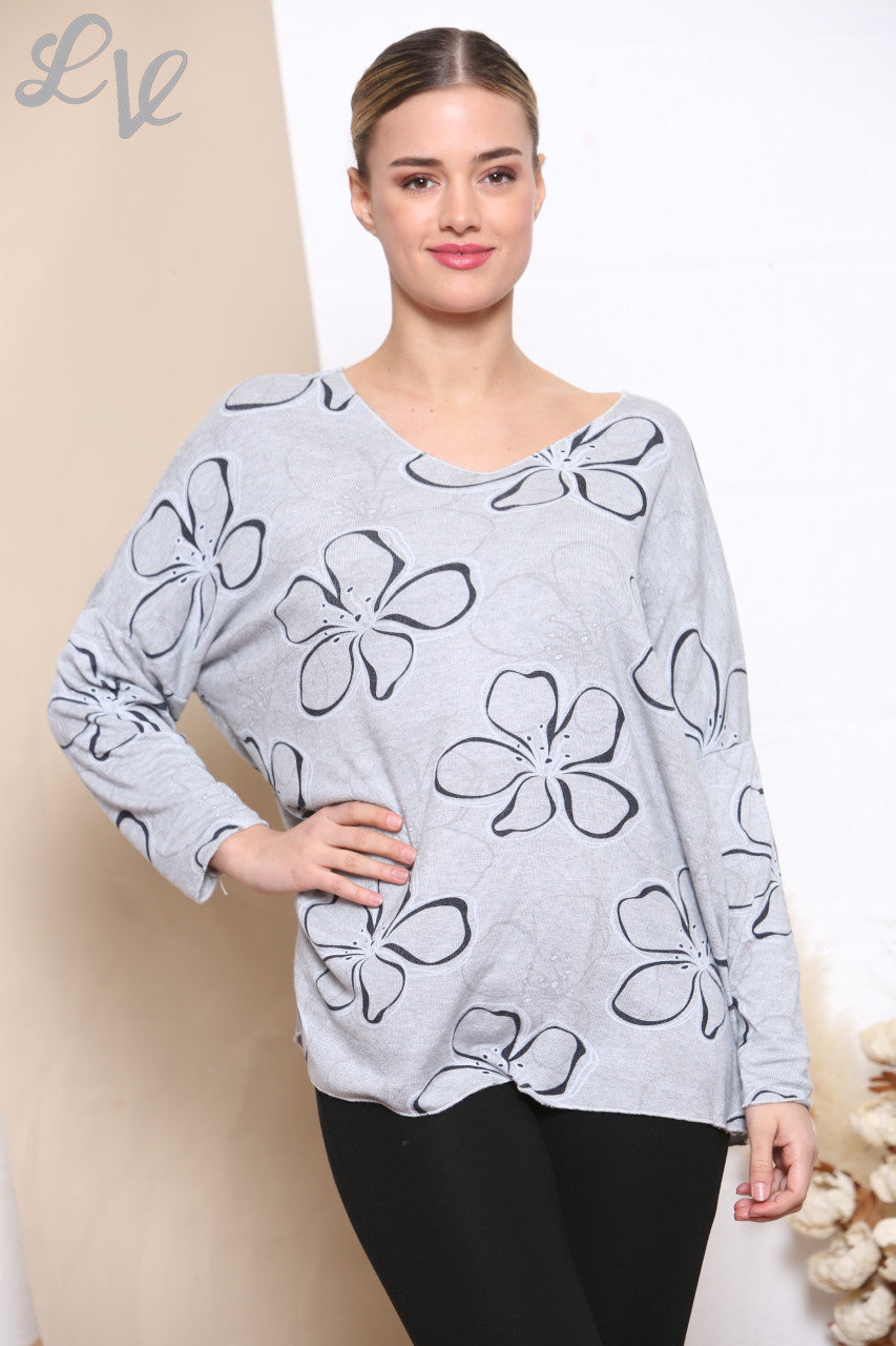 Ladies Floral Outline Print Fine Knit Jumper Top Grey