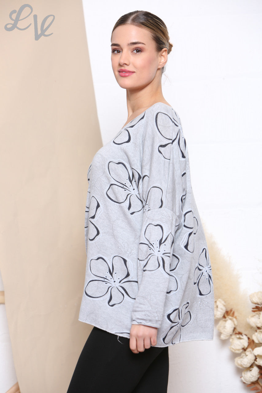 Ladies Floral Outline Print Fine Knit Jumper Top Grey