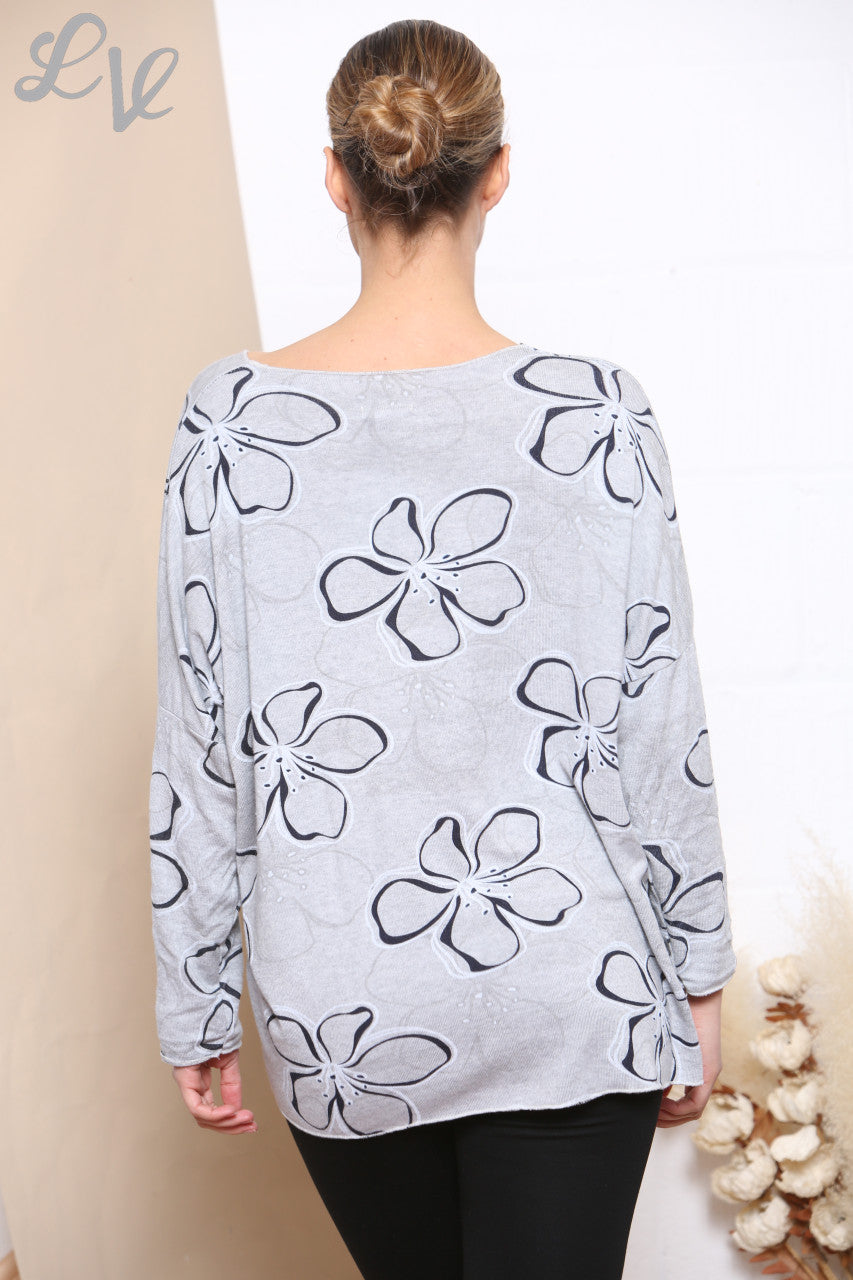 Ladies Floral Outline Print Fine Knit Jumper Top Grey