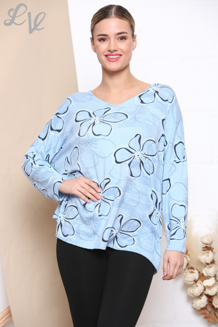 Ladies Floral Outline Print Fine Knit Jumper Top Sky Blue