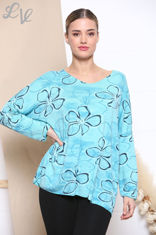 Ladies Floral Outline Print Fine Knit Jumper Top Turquoise