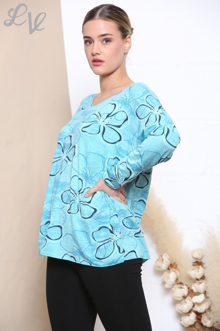 Ladies Floral Outline Print Fine Knit Jumper Top Turquoise