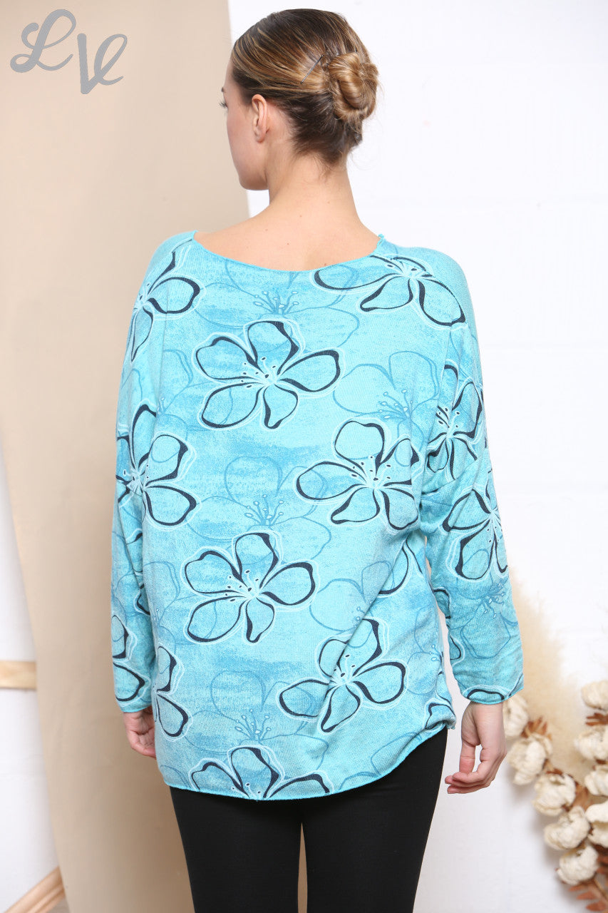 Ladies Floral Outline Print Fine Knit Jumper Top Turquoise