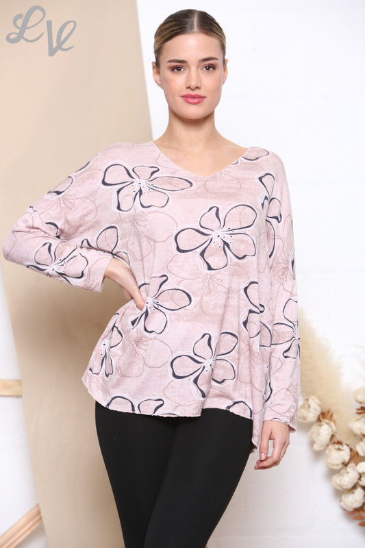 Ladies Floral Outline Print Fine Knit Jumper Top Dusty Pink