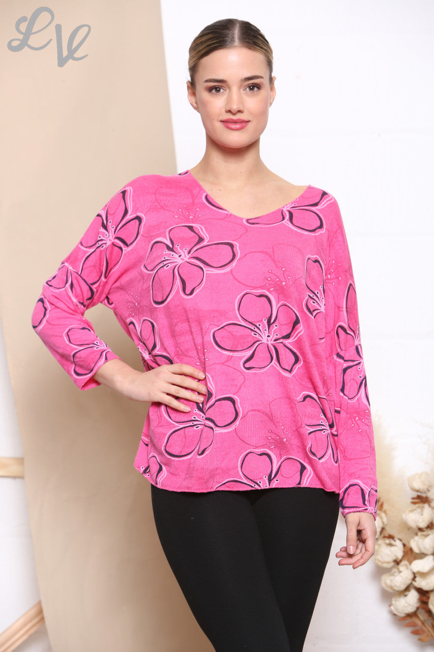 Dames Fijntricot Trui met Bloemenprint en Contour Cerise