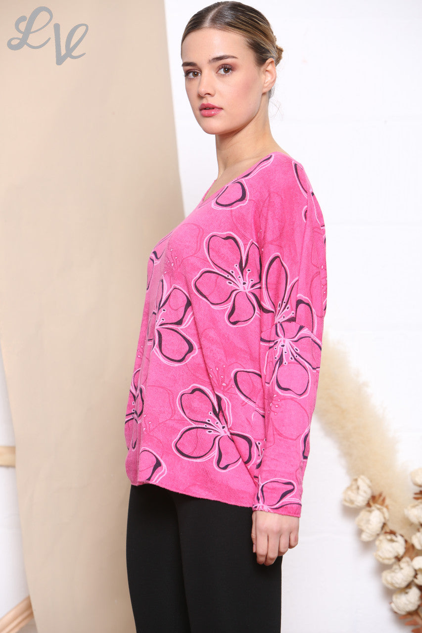 Dames Fijntricot Trui met Bloemenprint en Contour Cerise