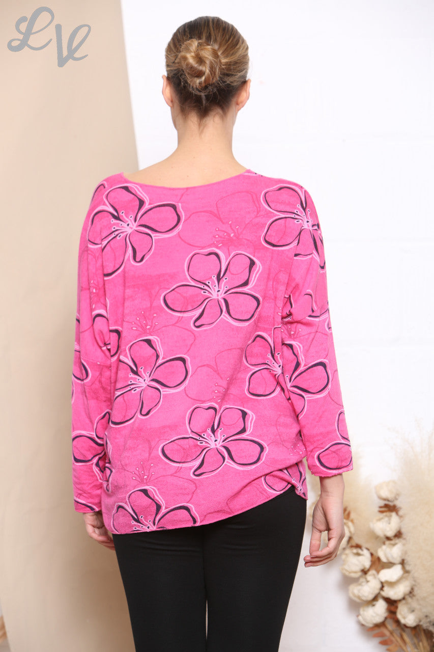 Dames Fijntricot Trui met Bloemenprint en Contour Cerise