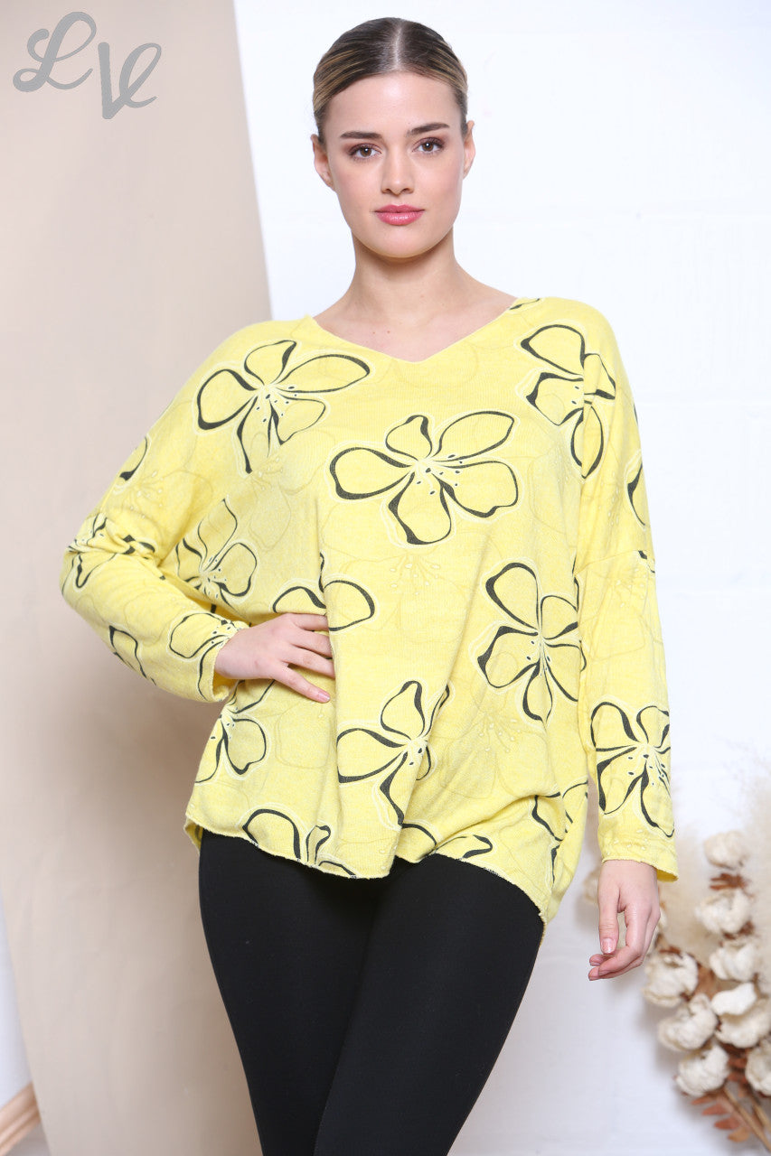Ladies Floral Outline Print Fine Knit Jumper Top Lemon
