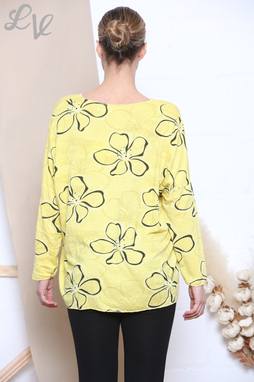 Ladies Floral Outline Print Fine Knit Jumper Top Lemon
