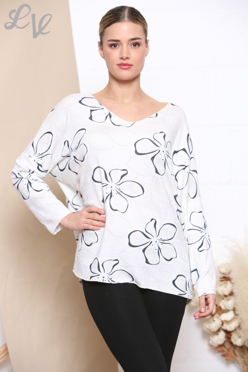 Ladies Floral Outline Print Fine Knit Jumper Top White