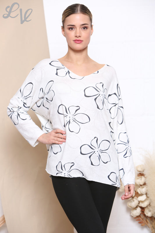 Ladies Floral Outline Print Fine Knit Jumper Top White