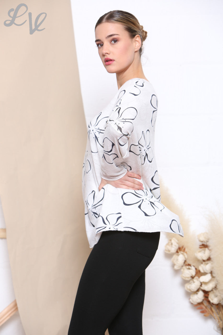 Ladies Floral Outline Print Fine Knit Jumper Top White