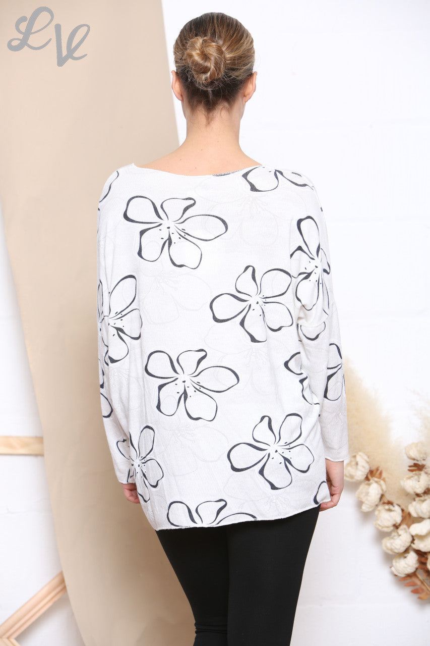 Ladies Floral Outline Print Fine Knit Jumper Top White