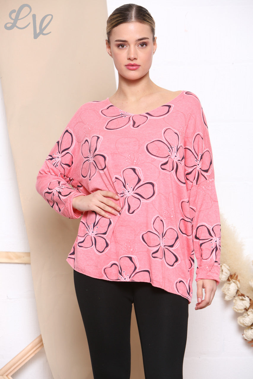 Dames Gebreide Trui met Bloemmotief Coral