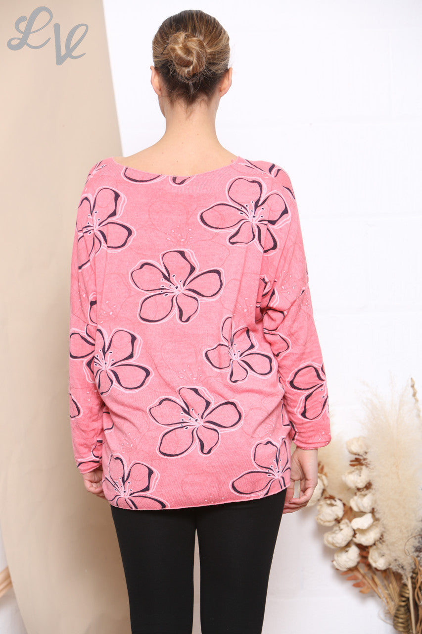 Dames Gebreide Trui met Bloemmotief Coral