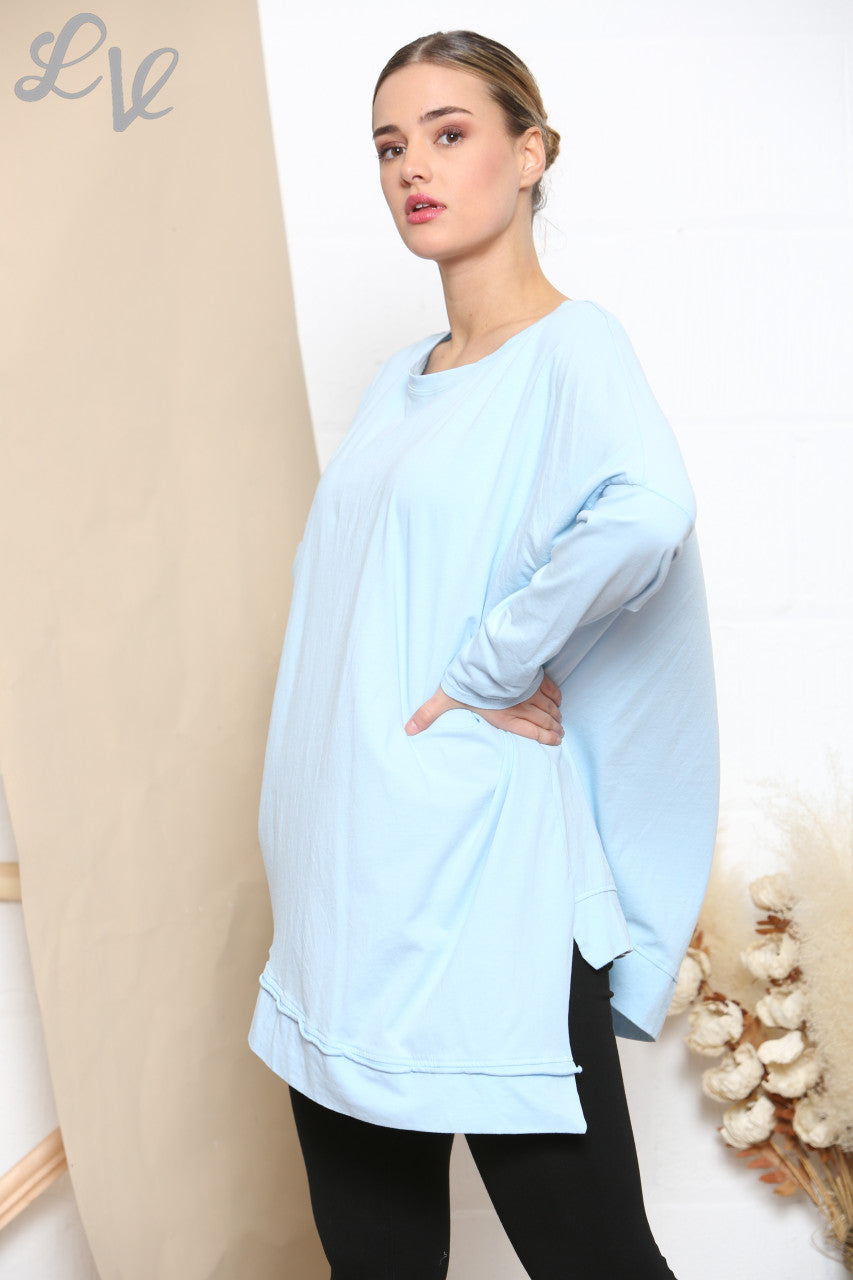 Ladies Asymmetrical Plain Top Sky Blue