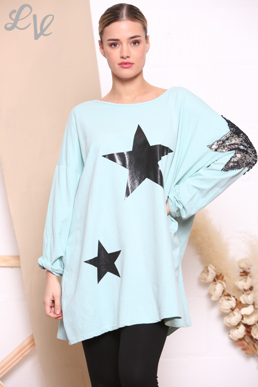 Ladies Star Graphic & Sequin Sweatshirt Top Mint