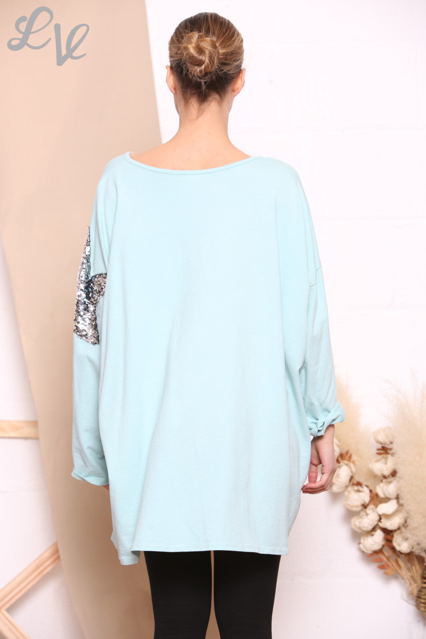 Ladies Star Graphic & Sequin Sweatshirt Top Mint